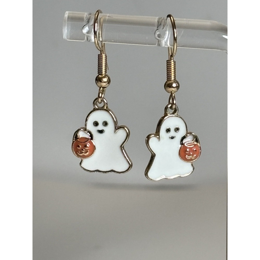 Vintage Halloween Ghost Earrings Enamel Pumpkin Trick or Treat Dangle